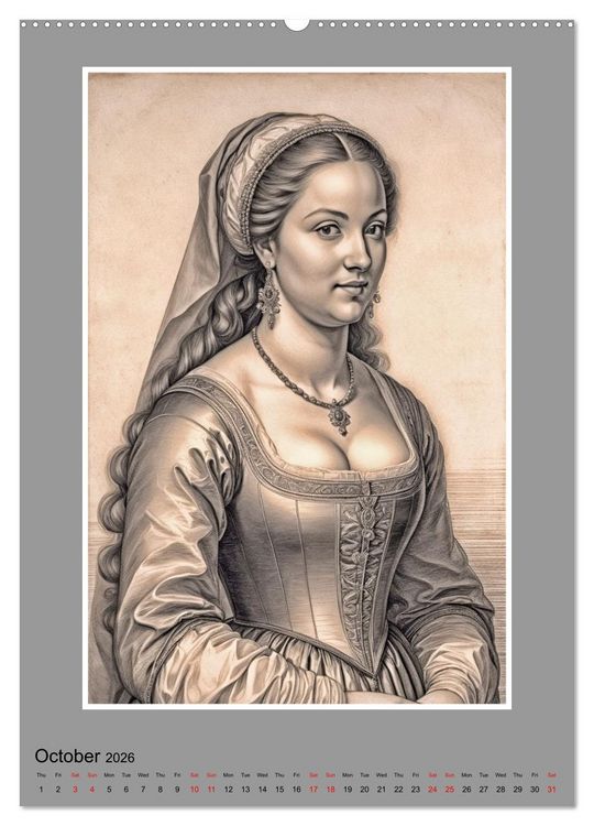 Produktbild: Baroque Beauties, Pencil Art with Artificial Intelligence (High Quality Premium Wall Calendar 2026 DIN A2 portrait),CALVENDO 12 Month Wall Calendar