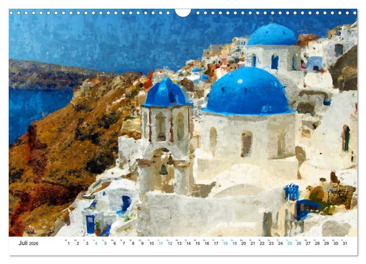 Produktbild: Urlaub auf Santorin - Gemalte Ansichten der Kykladeninsel (Wandkalender 2026 DIN A3 quer), CALVENDO Monatskalender