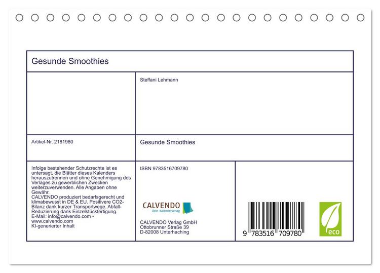 Produktbild: Gesunde Smoothies (Tischkalender 2026 DIN A5 quer), CALVENDO Monatskalender