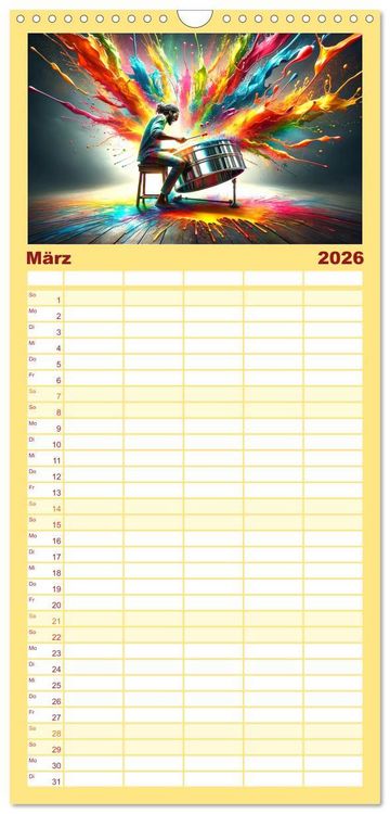 Produktbild: Familienplaner 2026 - Drummer - Color Splash Rhythms: Trommelschl&auml;ge und Farbexplosionen mit 5 Spalten (Wandkalender, 21 x 45 cm) CALVENDO