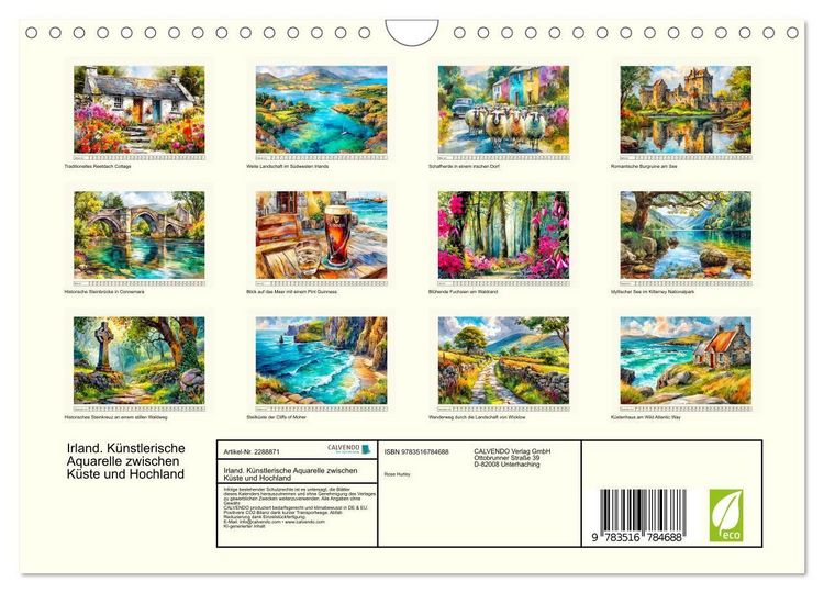 Produktbild: Irland. K&uuml;nstlerische Aquarelle zwischen K&uuml;ste und Hochland (Wandkalender 2027 DIN A4 quer), CALVENDO Monatskalender