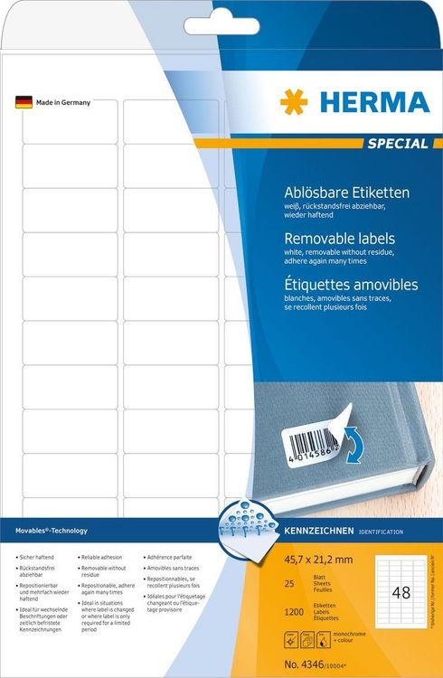 Produktbild: HERMA Etiketten abl&ouml;sbar wei&szlig; 45,7x21,2mm 25 Blatt 1200 St&uuml;ck