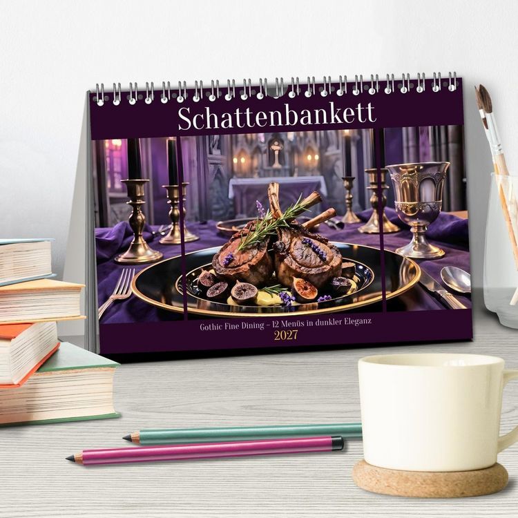 Produktbild: Schattenbankett - Gothic Fine Dining &ndash; 12 Men&uuml;s in dunkler Eleganz (Tischkalender 2027 DIN A5 quer), CALVENDO Monatskalender