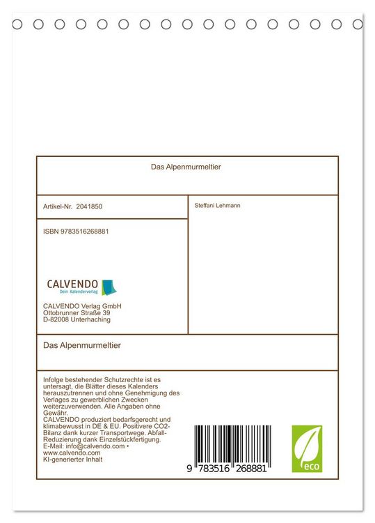 Produktbild: Das Alpenmurmeltier (Tischkalender 2026 DIN A5 hoch), CALVENDO Monatskalender