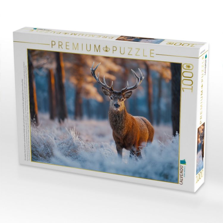 Produktbild: CALVENDO Puzzle Ein stolzer Hirsch steht im verschneiten Winterwald und wird vom warmen Licht der aufgehenden Sonne erleuchtet. | 1000 Teile Lege-Gr&ouml;&szlig;e 64x48cm Foto-Puzzle f&uuml;r gl&uuml;ckliche Stunden