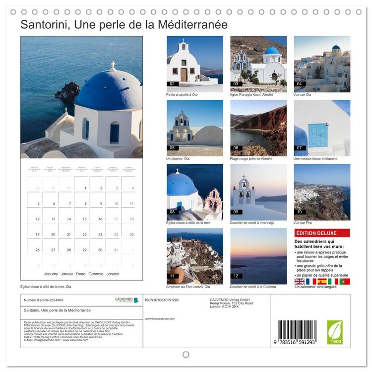 Produktbild: Santorini, Une perle de la M&eacute;diterran&eacute;e (Calendrier mural carr&eacute; 2026 30x30 cm) Calendrier double avec une page pour vos prises de notes