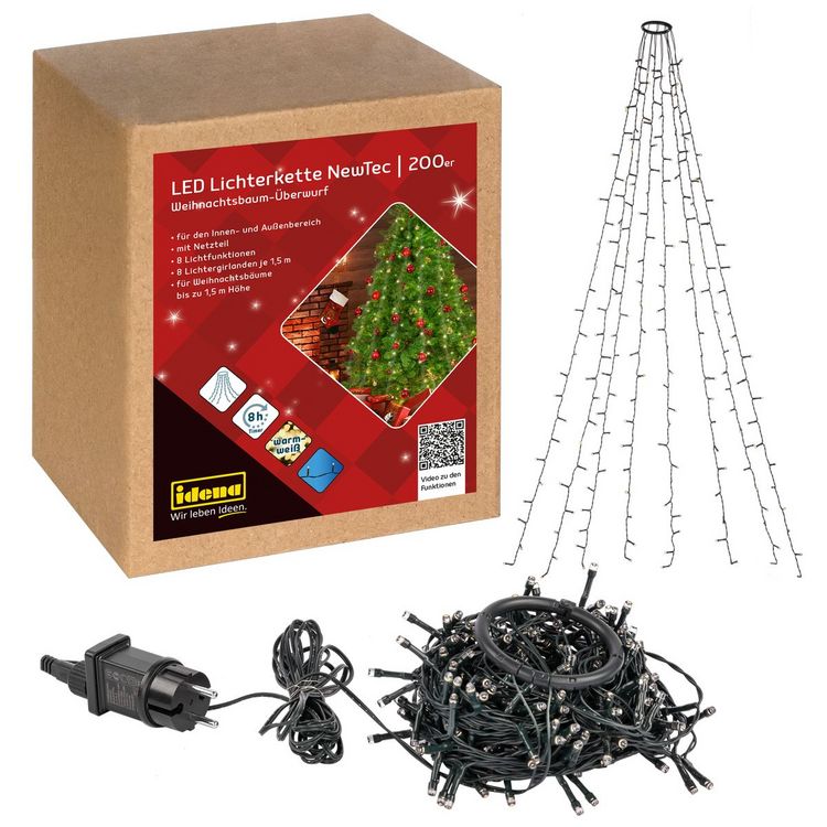Produktbild: Idena Lichterkette NewTec Weihnachtsbaum-&Uuml;berwurf 200 LED warmwei&szlig; f&uuml;r Innen & Au&szlig;en