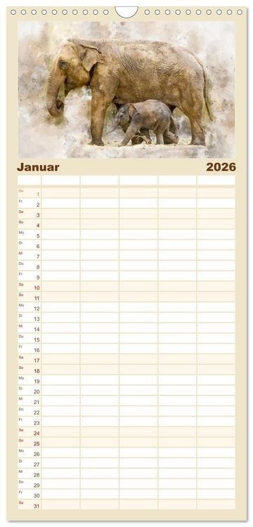 Produktbild: Familienplaner 2026 - Elefanten - k&uuml;nstlerische Impressionen der gr&ouml;&szlig;ten noch lebenden Landtiere mit 5 Spalten (Wandkalender, 21 x 45 cm) CALVENDO
