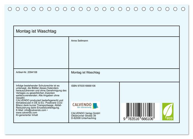 Produktbild: Montag ist Waschtag (Tischkalender 2026 DIN A5 quer), CALVENDO Monatskalender