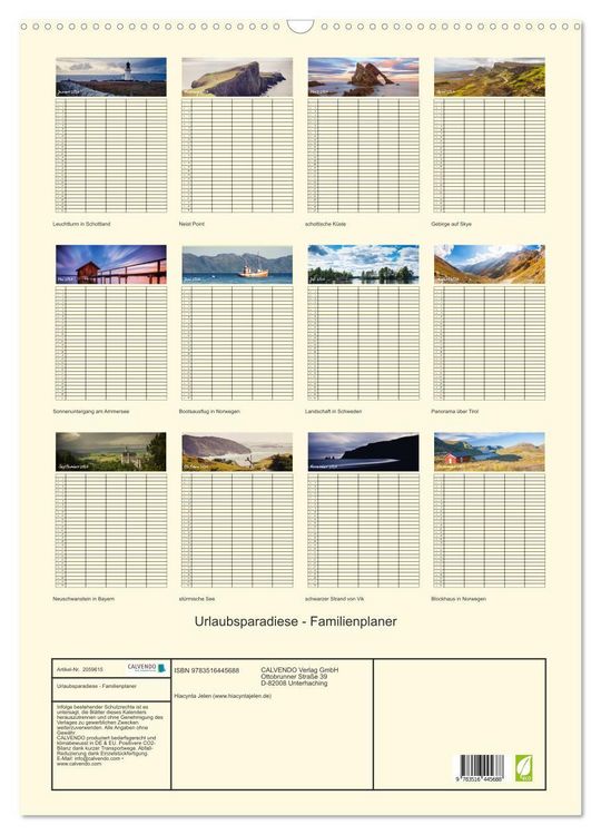 Produktbild: Urlaubsparadiese - Familienplaner (Wandkalender 2026 DIN A2 hoch), CALVENDO Monatskalender