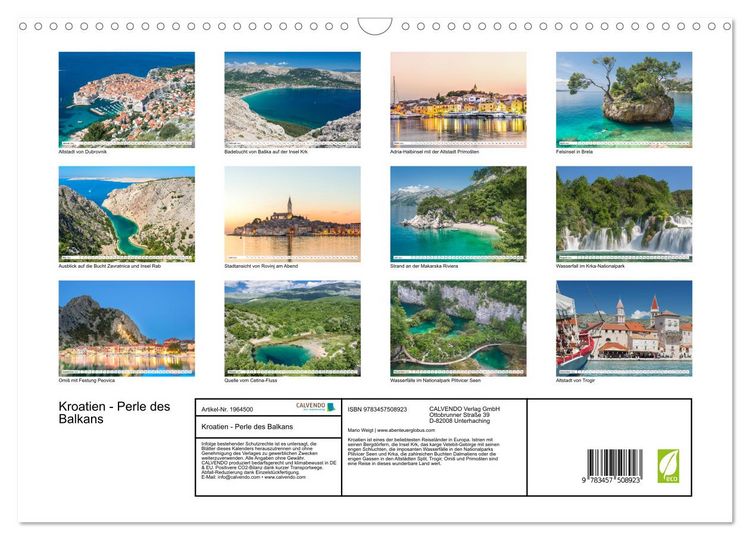 Produktbild: Kroatien - Perle des Balkans (Wandkalender 2026 DIN A3 quer), CALVENDO Monatskalender