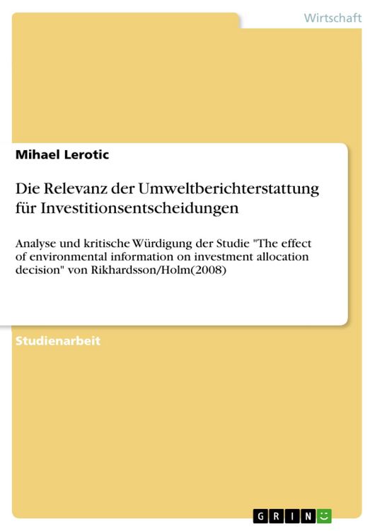 Produktbild: Die Relevanz der Umweltberichterstattung f&uuml;r Investitionsentscheidungen