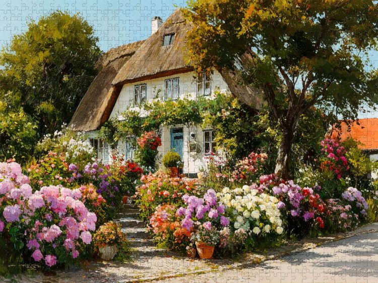 Produktbild: CALVENDO Puzzle Reetdachhaus auf Sylt mit bl&uuml;hendem Garten in Keitum | 1000 Teile Lege-Gr&ouml;&szlig;e 64x48cm Foto-Puzzle f&uuml;r gl&uuml;ckliche Stunden