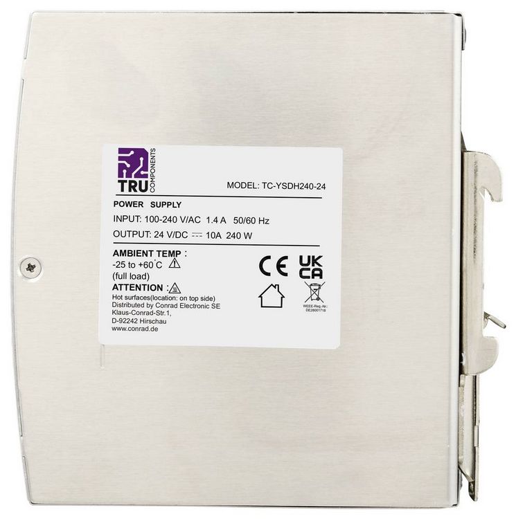 Produktbild: TRU COMPONENTS TC-13850160 Hutschienen-Netzteil (DIN-Rail) 24 V/DC 10 A 240 W Anzahl Ausg&auml;nge:1 x Inhalt 1 St.
