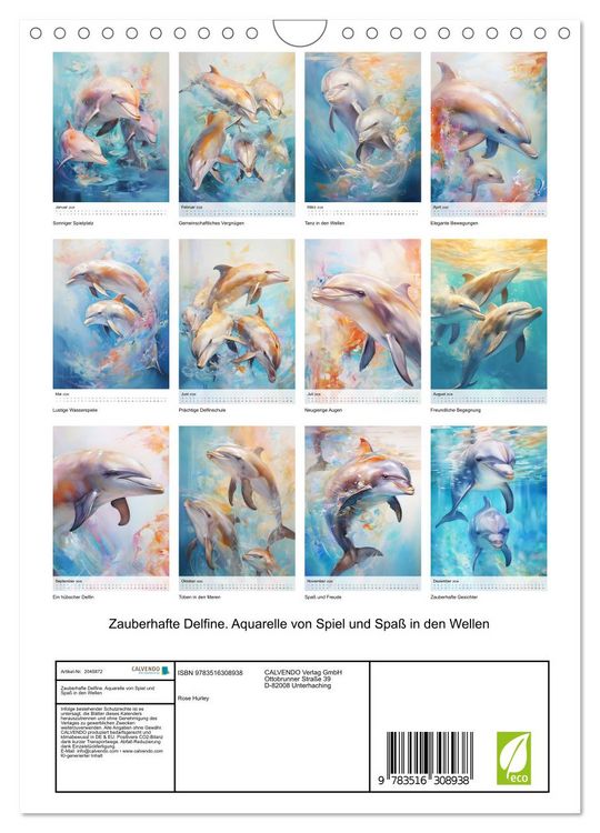 Produktbild: Zauberhafte Delfine. Aquarelle von Spiel und Spa&szlig; in den Wellen (Wandkalender 2026 DIN A4 hoch), CALVENDO Monatskalender