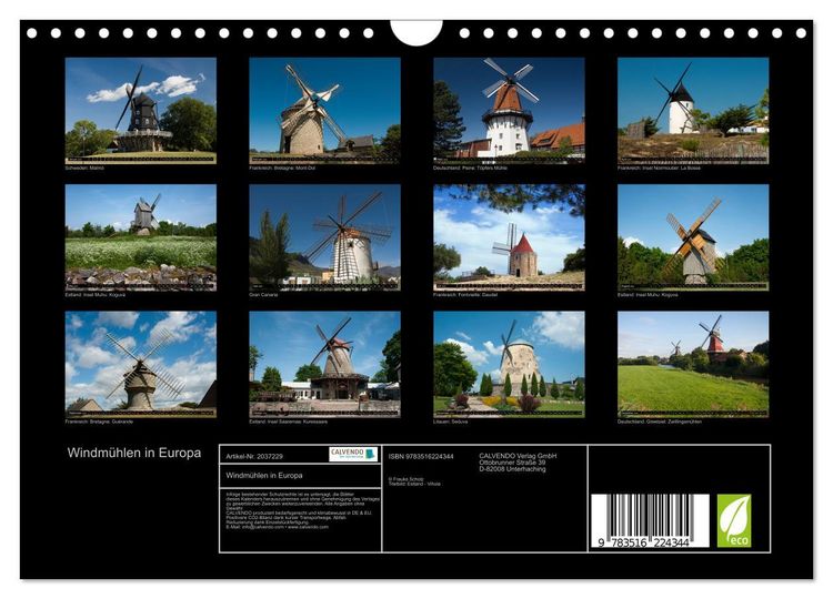 Produktbild: Windm&uuml;hlen in Europa (Wandkalender 2026 DIN A4 quer), CALVENDO Monatskalender