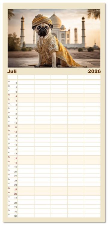 Produktbild: Familienplaner 2026 - Eine Mopsige Weltreise mit 5 Spalten (Wandkalender, 21 x 45 cm) CALVENDO
