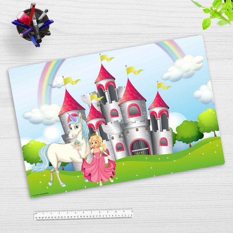 Produktbild: Cover-your-desk Schreibtischunterlage f&uuml;r Kinder M&auml;rchenschloss mit Einhorn und Prinzessin, aus hochwertigem Vinyl , 60 x 40 cm