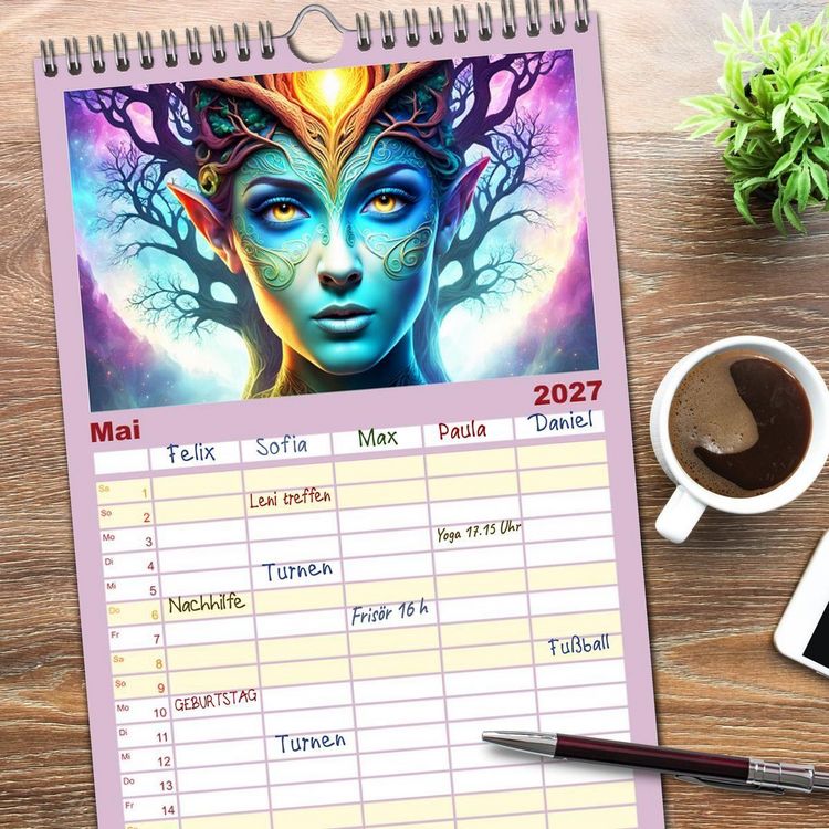 Produktbild: Familienplaner 2027 - Elfen Zauberhafte Fantasiewesen mit 5 Spalten (Wandkalender, 21 x 45 cm) CALVENDO