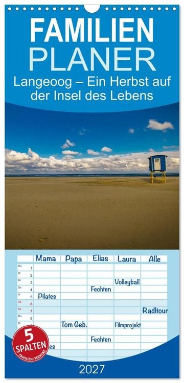 Produktbild: Familienplaner 2027 - Langeoog &ndash; Ein Herbst auf der Insel des Lebens mit 5 Spalten (Wandkalender, 21 x 45 cm) CALVENDO