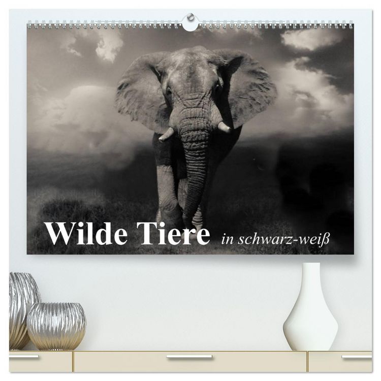 Produktbild: Wilde Tiere in schwarz-wei&szlig; (hochwertiger Premium Wandkalender 2026 DIN A2 quer), Kunstdruck in Hochglanz