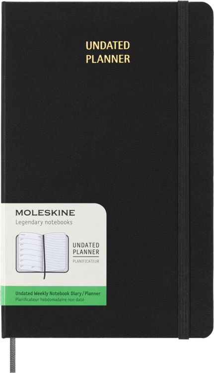 Produktbild: Moleskine undatierter Wochen Notizkalender, L/A5, 1 Wo = 1 Seite, Rechts linierte Seite, Fester Einband mit Textpr&auml;gung gold, Schwarz