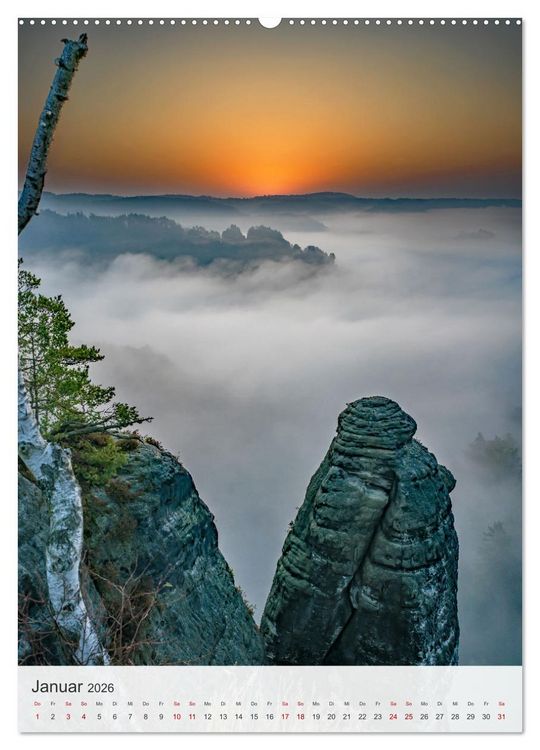 Produktbild: Bastei und Lilienstein - Unterwegs an zwei m&auml;rchenhaften Orten in der S&auml;chsischen Schweiz (hochwertiger Premium Wandkalender 2026 DIN A2 hoch), Kunstdruck in Hochglanz
