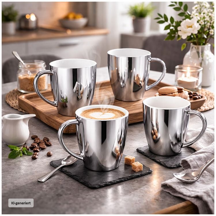 Produktbild: neuetischkultur Becher Set silberfarben mit Henkel 250 ml Porzellan 4 St&uuml;ck Kaffeebecher