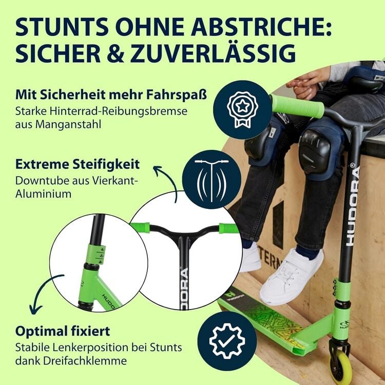 Produktbild: HUDORA 14057 - Stunt Scooter Kids gr&uuml;n, Cityroller f&uuml;r Kinder von ca. 6-10 Jahren