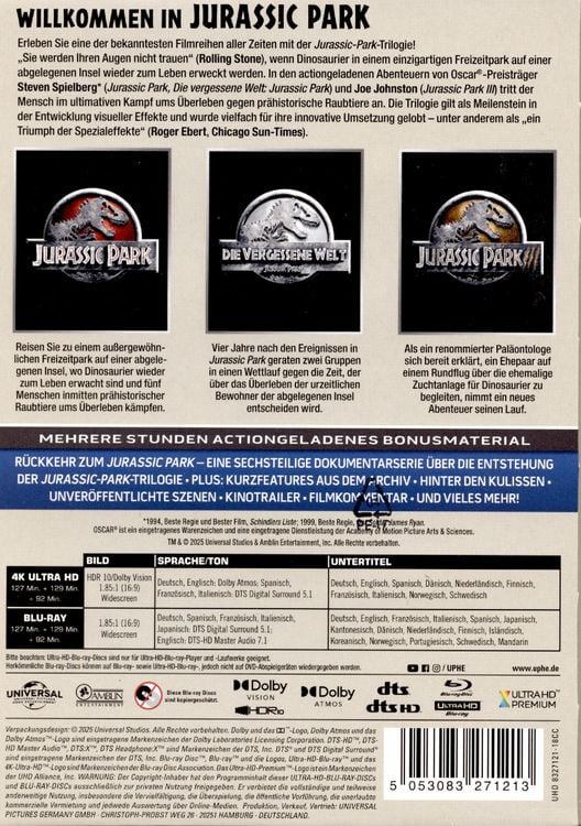 Produktbild: Jurassic Park - Trilogie - Steelbook - Limited Edition (4K Ultra HD) (+ Blu-ray)