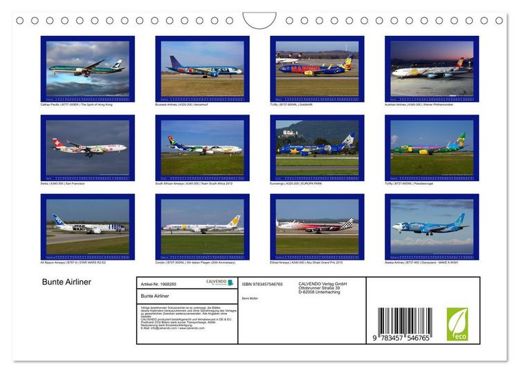 Produktbild: Bunte Airliner (Wandkalender 2026 DIN A4 quer), CALVENDO Monatskalender