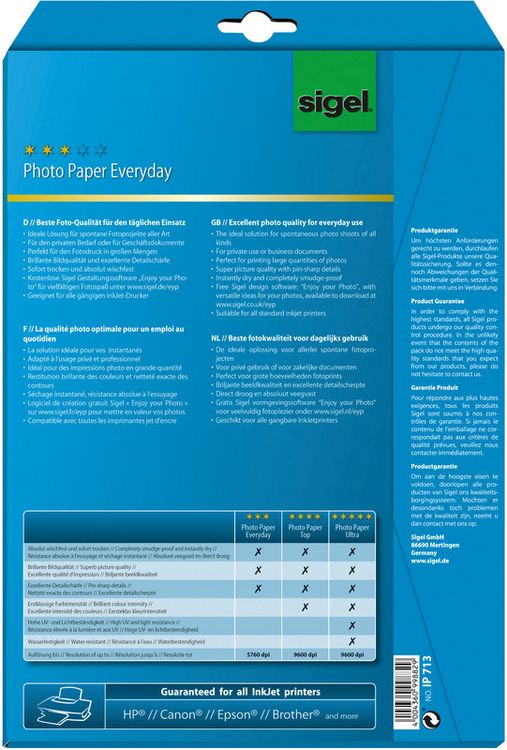 Produktbild: SIGEL Inkjet Fotopapier Everyday, hochgl&auml;nzend, weiss, A4 170 g/m2