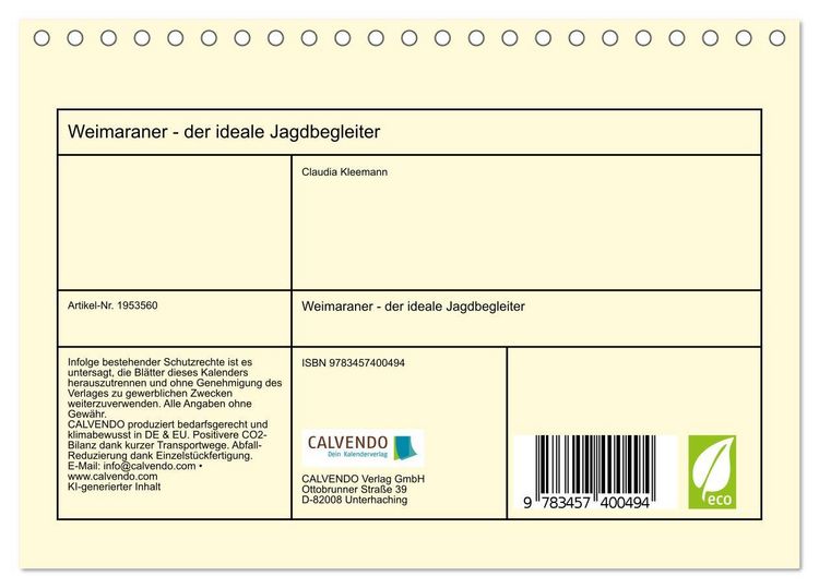 Produktbild: Weimaraner - der ideale Jagdbegleiter (Tischkalender 2026 DIN A5 quer), CALVENDO Monatskalender