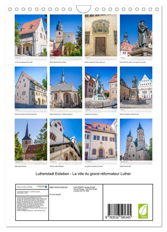 Produktbild: Lutherstadt Eisleben - La ville du grand r&eacute;formateur Luther (Calendrier mural 2026 DIN A4 horizontal), CALVENDO calendrier mensuel