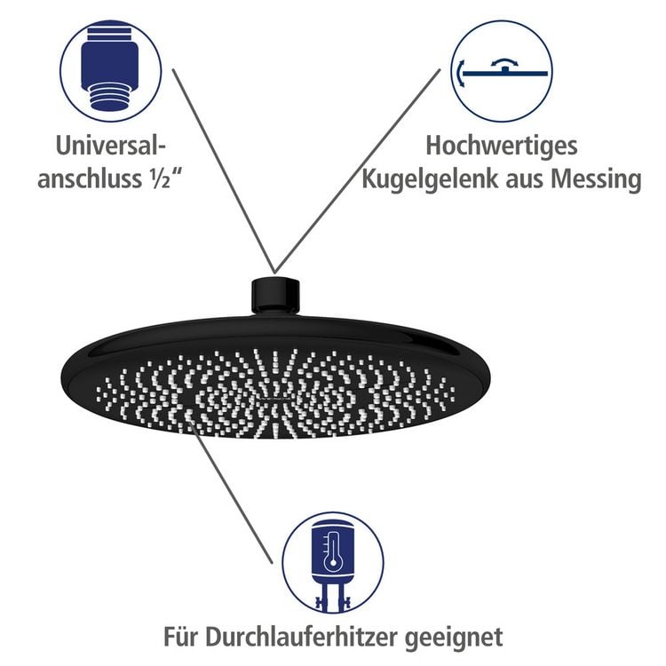 Produktbild: Regenduschkopf Watersaving Schwarz, &Oslash; 22,5 cm