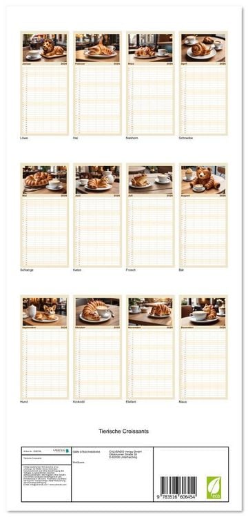 Produktbild: Familienplaner 2026 - Tierische Croissants mit 5 Spalten (Wandkalender, 21 x 45 cm) CALVENDO