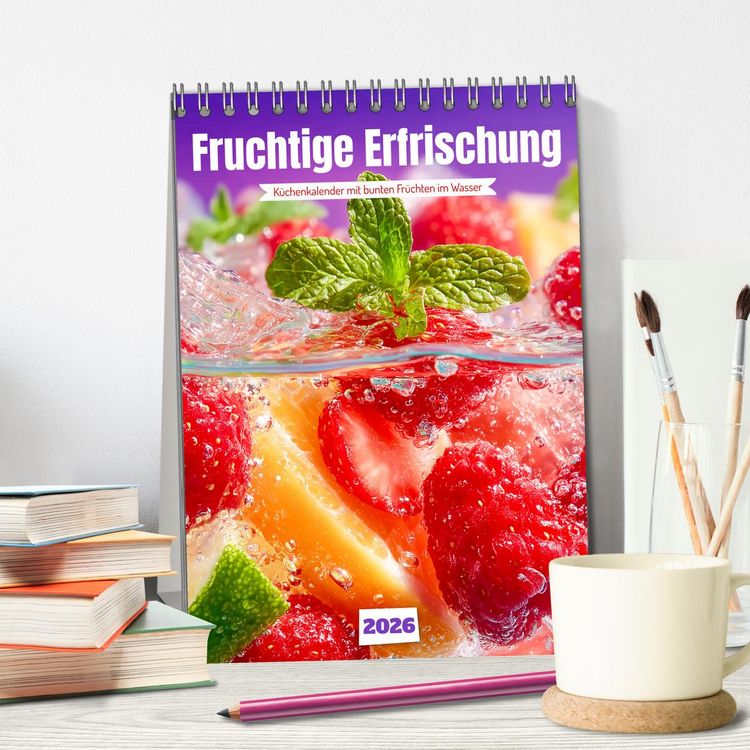 Produktbild: Fruchtige Erfrischung - K&uuml;chenkalender mit bunten Fr&uuml;chten im Wasser (Tischkalender 2026 DIN A5 hoch), CALVENDO Monatskalender