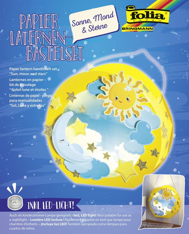 Produktbild: Folia Laternen-Bastelset aus Papier, SONNE, MOND & STERNE inkl. Deko-Licht