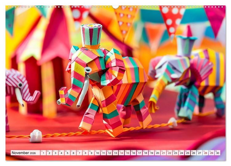Produktbild: Bunter Origami Zirkus - Farbenfroher Zirkusspa&szlig; mit Origami-Figuren (hochwertiger Premium Wandkalender 2026 DIN A2 quer), Kunstdruck in Hochglanz