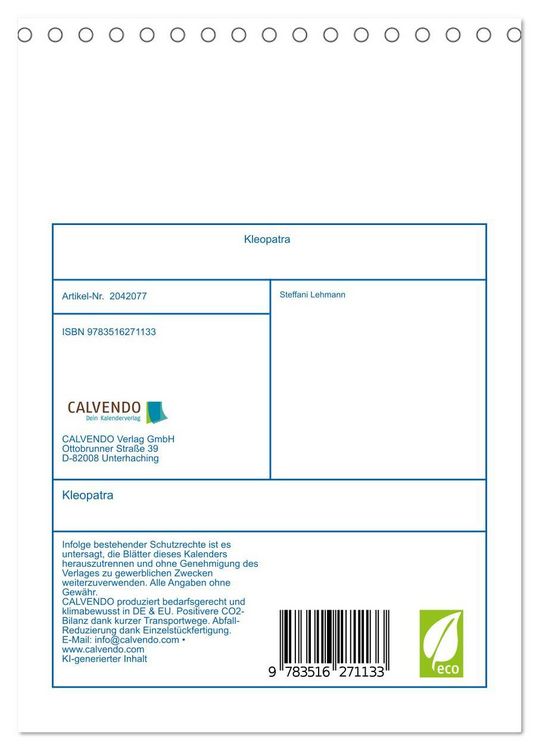 Produktbild: Kleopatra (Tischkalender 2026 DIN A5 hoch), CALVENDO Monatskalender