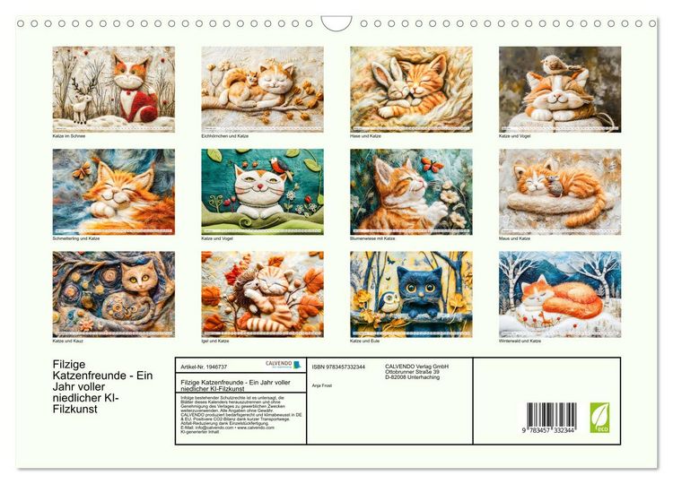 Produktbild: Filzige Katzenfreunde - Ein Jahr voller niedlicher KI-Filzkunst (Wandkalender 2026 DIN A3 quer), CALVENDO Monatskalender