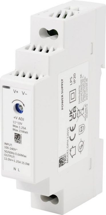 Produktbild: TRU COMPONENTS TC-10580800 Hutschienen-Netzteil (DIN-Rail) 12 V/DC 1.25 A 15 W Anzahl Ausg&auml;nge:1 x Inhalt 1 St.