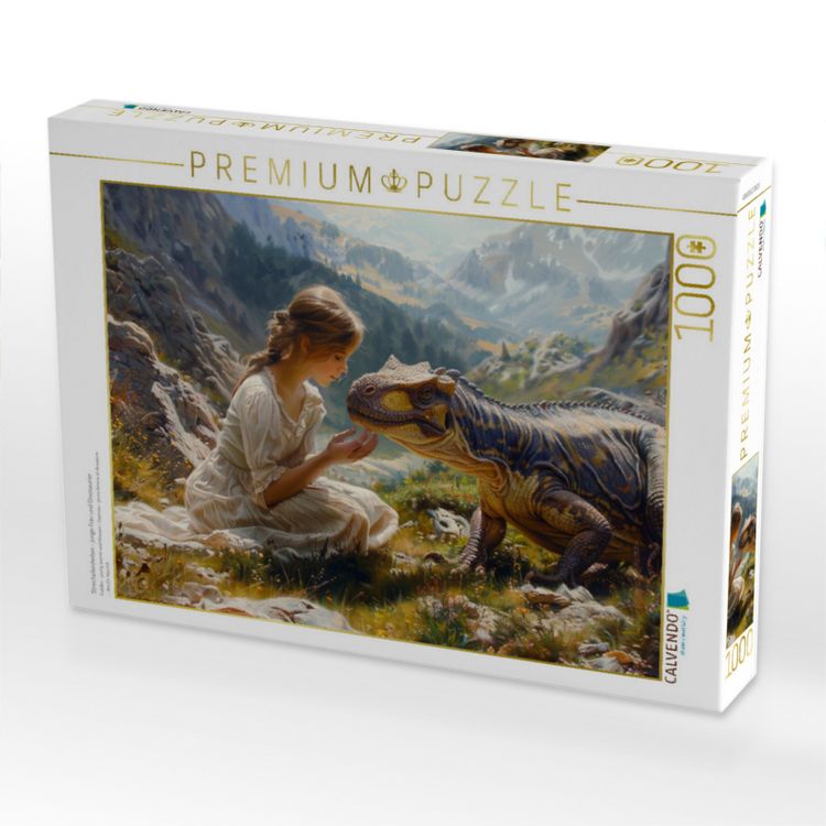 Produktbild: CALVENDO Puzzle Streicheleinheiten - junge Frau und Dinosaurier | 1000 Teile Lege-Gr&ouml;&szlig;e 64x48cm Foto-Puzzle f&uuml;r gl&uuml;ckliche Stunden