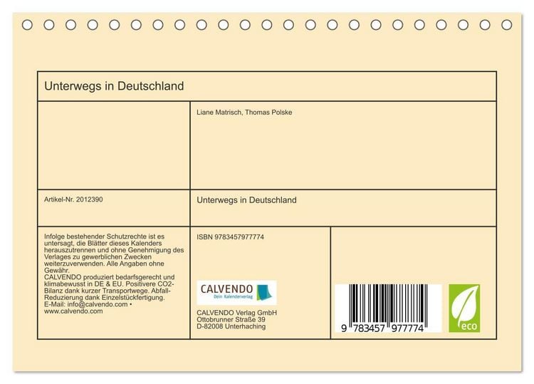 Produktbild: Unterwegs in Deutschland (Tischkalender 2026 DIN A5 quer), CALVENDO Monatskalender