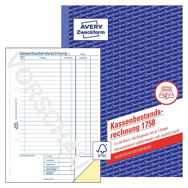 Produktbild: AVERY Zweckform Kassenbestandsrechnung selbstdurchschreibend DIN A5 80 Blatt