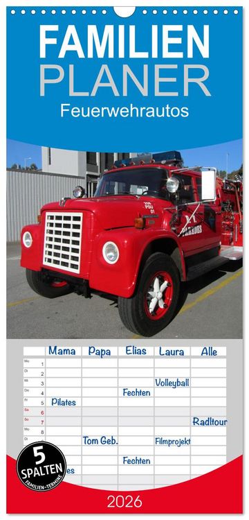 Produktbild: Familienplaner 2026 - Feuerwehrautos mit 5 Spalten (Wandkalender, 21 x 45 cm) CALVENDO