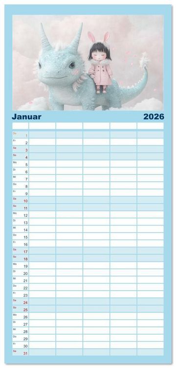 Produktbild: Familienplaner 2026 - Dinozauber &ndash; Wenn Urzeitbewohner zu Freunden werden mit 5 Spalten (Wandkalender, 21 x 45 cm) CALVENDO