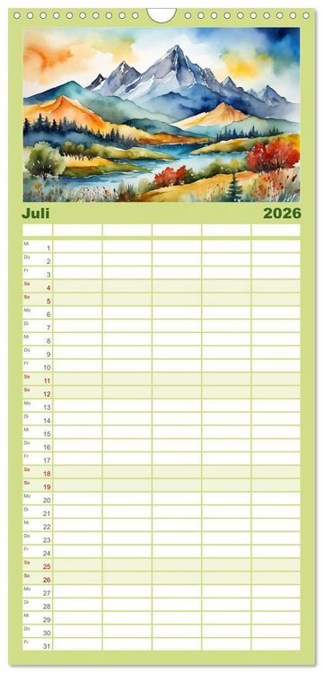 Produktbild: Familienplaner 2026 - Sehnsucht Berge mit 5 Spalten (Wandkalender, 21 x 45 cm) CALVENDO
