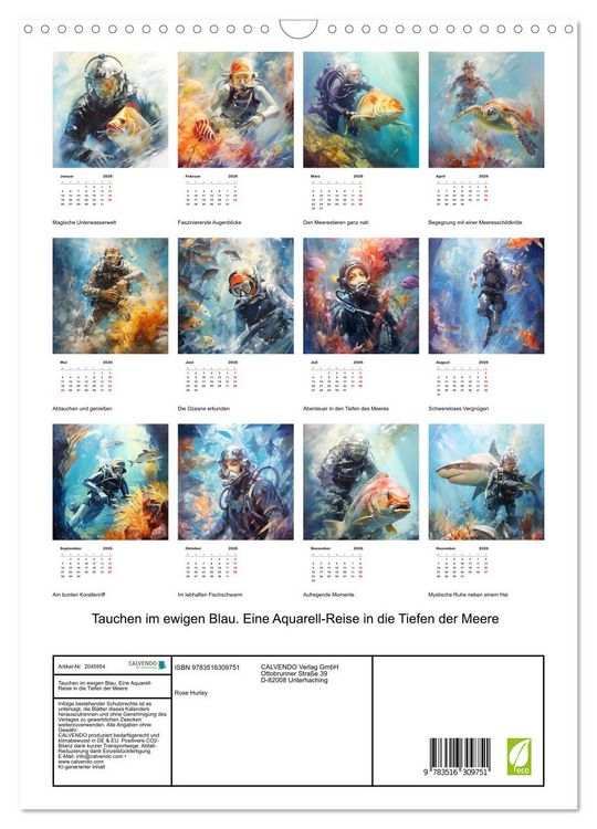 Produktbild: Tauchen im ewigen Blau. Eine Aquarell-Reise in die Tiefen der Meere (Wandkalender 2026 DIN A3 hoch), CALVENDO Monatskalender