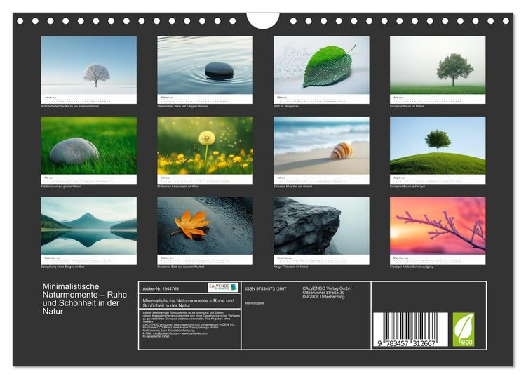 Produktbild: Minimalistische Naturmomente &ndash; Ruhe und Sch&ouml;nheit in der Natur (Wandkalender 2026 DIN A4 quer), CALVENDO Monatskalender